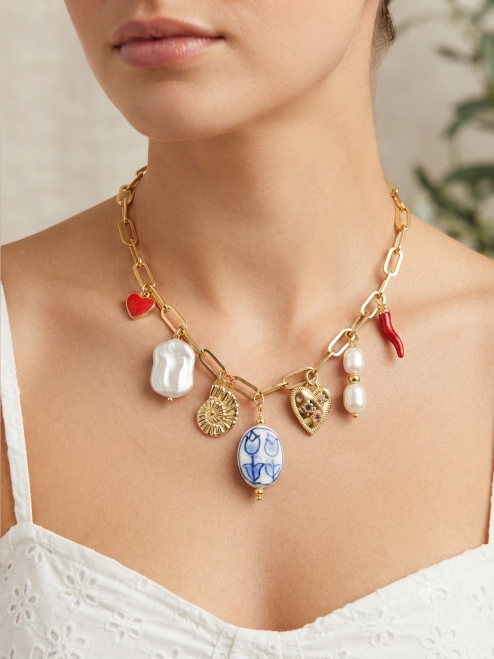 Chunky Gold Charm Necklace Stainless Steel Baroque Pearl Chili Pepper Hearts
